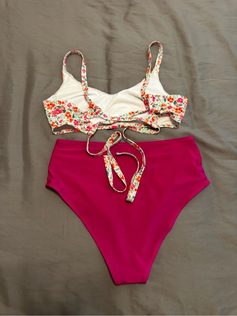 SHEIN Floral Print Crop Bikini Top & Magenta High-Waist Bottoms